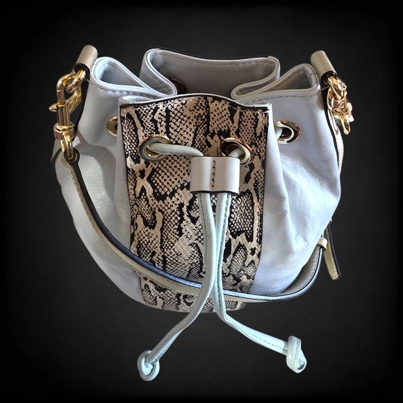 Rebecca Minkoff Mini Bucket Bag Snake Embossed Leather Crossbody Designer Drawst - Picture 15 of 15